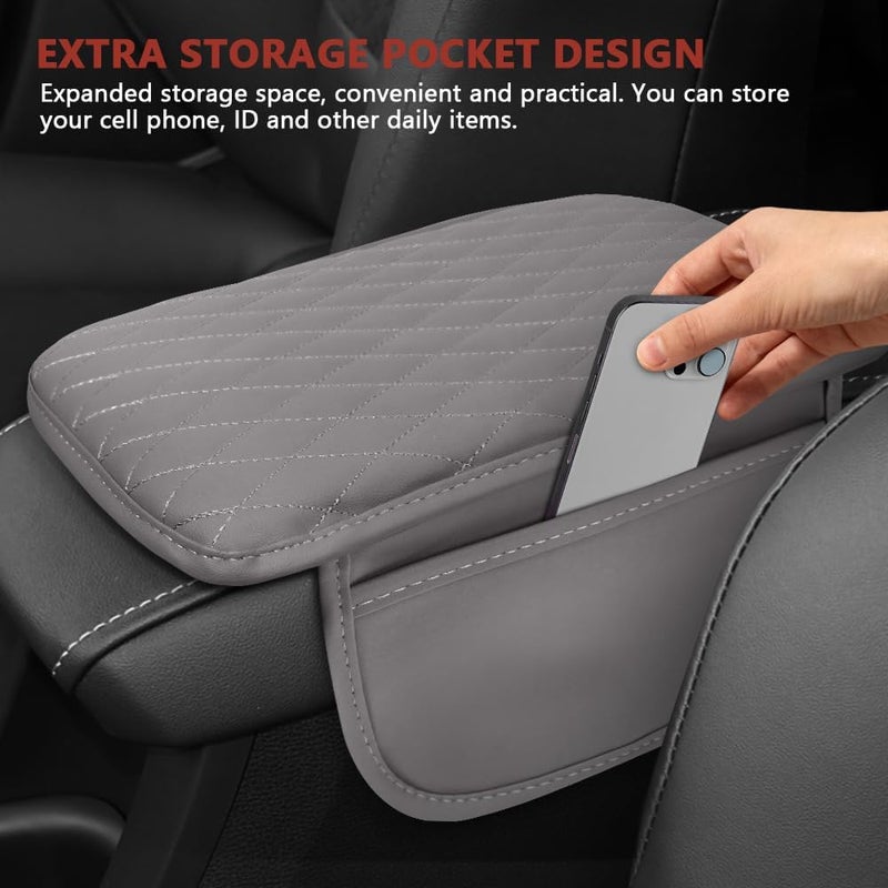 ongfuwu Car Center Console Cover, 12"×7.87" Waterproof Leather Auto Armrest Cover Protector with 2 Pocket, Comfortable Arm Rest Box Cushion Pad, Universal Interior Car Accessories (Gray) - Image 5